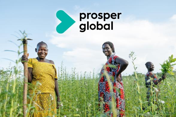 Ugandan woman stands in field of sesame with prosper global logo overhead.