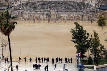 The roman theatre in amman experiencing flooding.