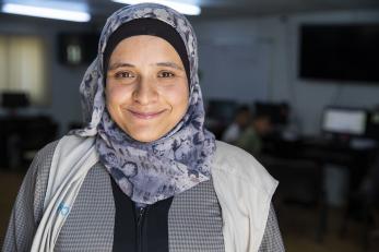 Woman with purple scarf