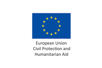 A blue rectangle with twelve stars arranged in a circle above text that read european union civil protection and humanitarian aid