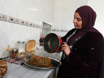 Jordanian woman in kitchen preparing delicious dishes.